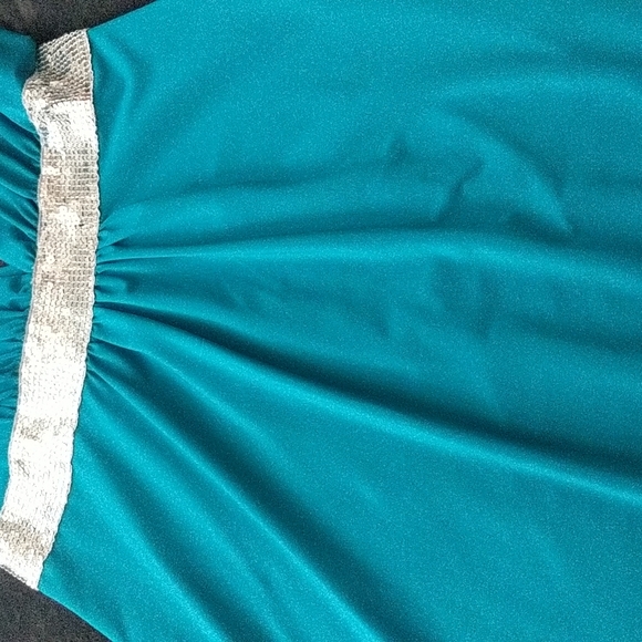 Deep V Teal Sequined Flowy Stretch Dress - Picture 5 of 13